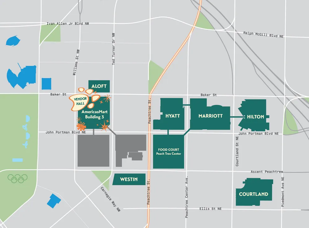 Map of AmericasMart Building 3 in relation to FWA's other venues.